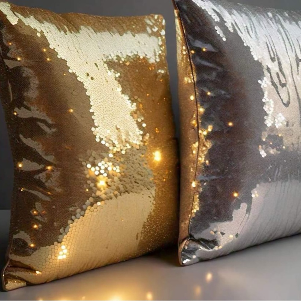 Gold Silver Sequin Reversible Pillow Cover Set 2 Pc Glam Decor 15.5” NEW